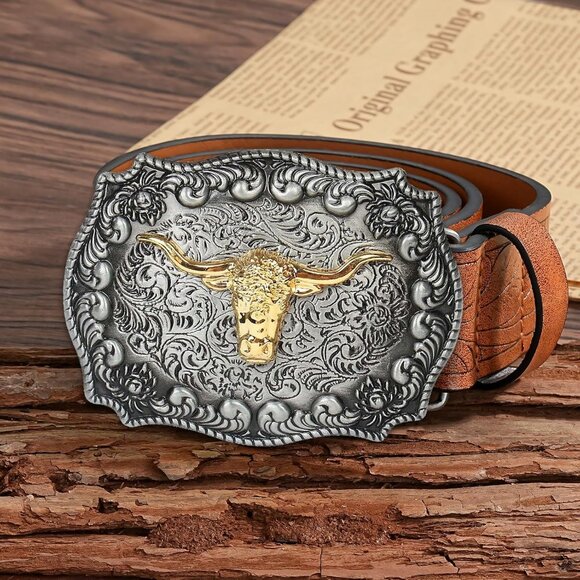 Men's Silver Long Horn Bull Western Golden Rodeo Texas Cowboy Large Buckles - Picture 2 of 6